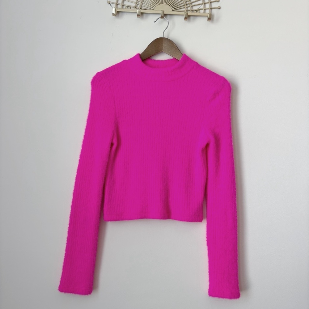 Anthropologie Neon Pink Fuzzy Sweater Medium Ribbed - Picture 7 of 7